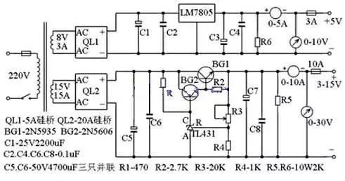 10A3~15V穩(wěn)壓可調(diào)電源電路圖